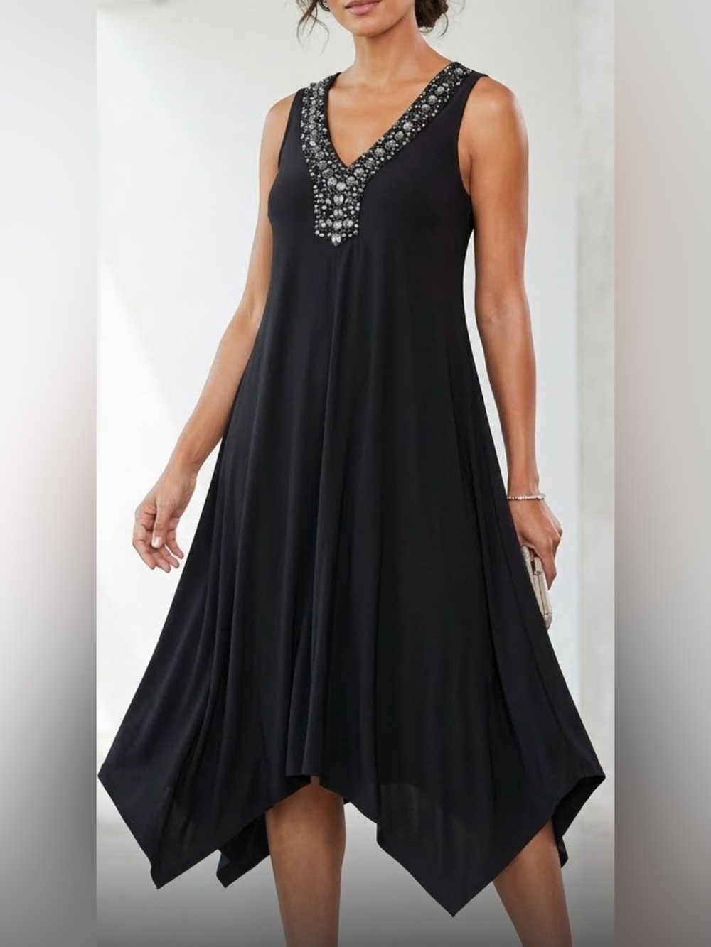 Black Sleeveless V-Neck Dress with Beaded Trim